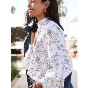 Chicos Womens Eyelet Button Up Shirt L White Black Vacation Coastal Print Preppy